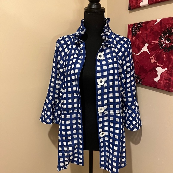IC BY CONNIE K Sheer Subtle Navy, White Checkered Ruffle Collar Jacket Top - Picture 1 of 9